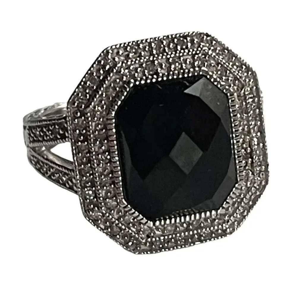 Melanite and white diamond sterling silver size 8 ring.
